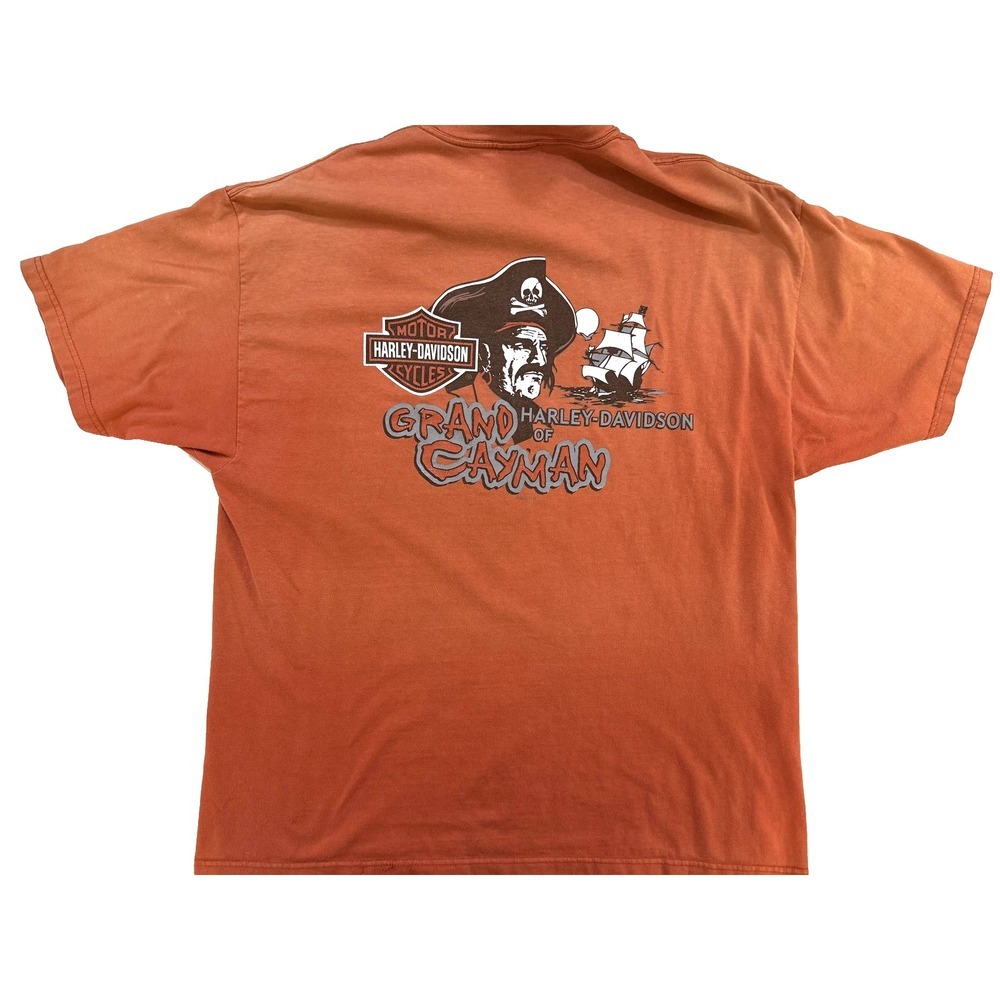 Vintage 90's Harley-Davidson TShirt Mens XL Orange Pirate Grand Cayman Bikercore